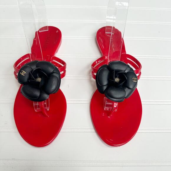 Chanel Red Camellia Flower PVC Thong Sandals Jelly Flip Flops 38 - Picture 7 of 7